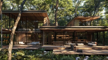 A luxurious forest retreat with a sleek