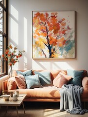 room, interior, table, chair, home, furniture, design, A vibrant orange armchair with square armrests is placed in front of large Windows to let natural light into the room