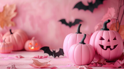 pink pumpkins and bat decorations make for a cute halloween party table with a delightful pink halloween theme and room for text, perfect for a banner