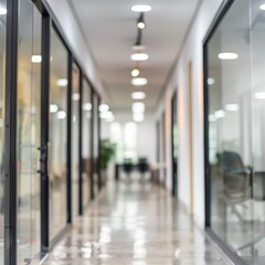 Abstract blurred office hall interior and meeting room. Blurry corridor in working space with defocused effect. Use for background or backdrop in business concept. office. Photo realistic.