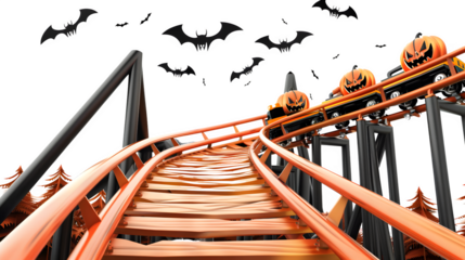 Halloween spooky rollercoaster, haunted amusement ride, eerie Halloween attraction, spooky theme park ride, festive Halloween rollercoaster, chilling amusement park scene, png file, isolated on white