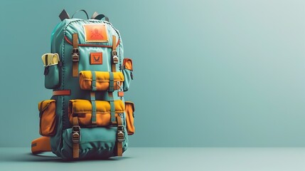 Fototapeta premium Adorable 3D Travel Backpack with Tiny Patches on Clean Background,Minimalistic Adventure Gear
