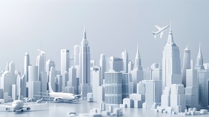 Miniature 3D Cityscape Rendering of Compact Travel Destination on Light Background