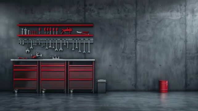Modern industrial workshop with red tool cabinets and a variety of hand tools against a concrete wall for versatile use and storage solutions.