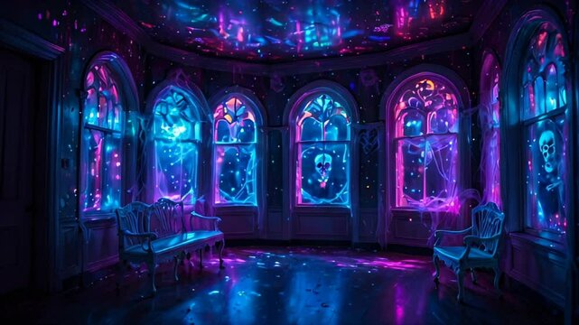 Haunted ballroom with gothic windows, chandelier, and neon lights. Combines eerie and festive elements.