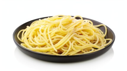 Delicious spaghetti served on a black plate.