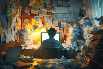 a person sitting frustratedly in a room full of messy data, with spreadsheets pinned to the walls and piles of papework on a desk and crumpled up in an overflowing waste bin