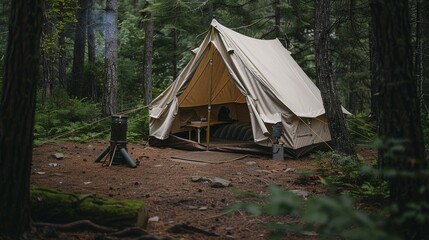 Outdoor camping tent travel relax rest set up tent in forest