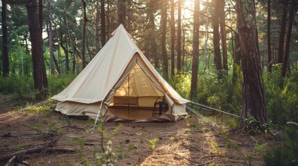 Outdoor camping tent travel relax rest set up tent in forest