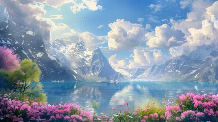 flowers,backgrounds,mountain and lake,pure and elegant,sunlight cloudy sky --ar 16:9 Job ID: 1918fdf3-fe7e-41a4-ad16-786693819481