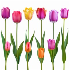Flowers. Row of beautiful colorful tulips isolated on white background.  isolated on white background. Photo realistic.