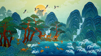 Oriental painting, 10 longevity symbols, Korean traditional folk painting illustrations Sea, mountains, water, stones, clouds, pine trees, herb of elixir, turtle, crane, deer, 십장생도, 한국 전통 민화