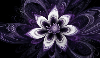 Abstract swirling purple and white flower on black