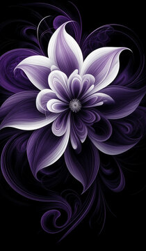 Abstract swirling purple and white flower on black
