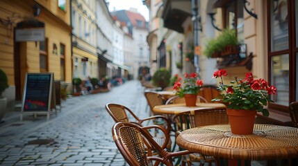 Fototapeta premium Cozy Outdoor Cafe Seating in Charming Old Town European Street Scene