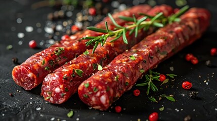 Gourmet Salami Sticks with Fresh Herbs and Spices on a Dark Rustic Background - Perfect for Culinary and Food Photography