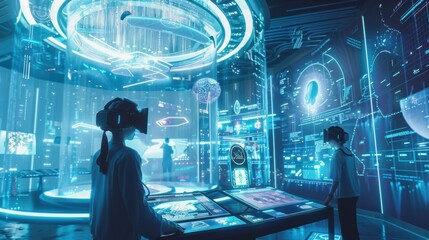 A futuristic education center with students using holographic displays and VR technology for immersive learning experiences, showcasing the integration of advanced tech in education.