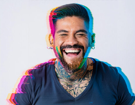 Vibrant Glitch Art of Tattooed Man Giggling in Studio with High-Contrast Effects