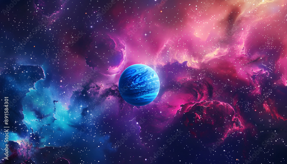 Wall mural a colorful space background with a blue planet in the middle