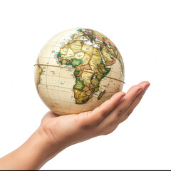 Human hand holding the globe, close-up on a white background, detailed photo 4k quality