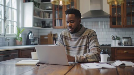 Fototapeta premium Online Learning at Home - Man Enhancing Skills with Tutorial in Modern Kitchen Setting