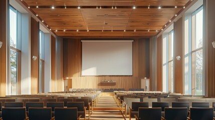 modern university lecture hall with rows of seats and projector screen, showcasing contemporary academic interior design for a back-to-school campaign concept