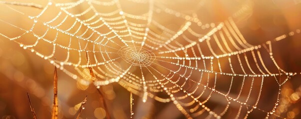 A close-up of a spider web covered in morning dew.