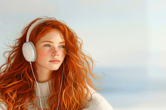 Beautiful red-haired young woman in a cafe enjoying music on headphones while drinking a cup of cappuccino, background for a podcast about music