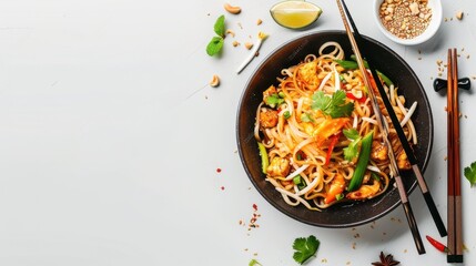 Pad Thai. Shrimp pad thai on a plate, white background.