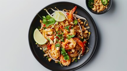 Pad Thai. Shrimp pad thai on a plate, white background.