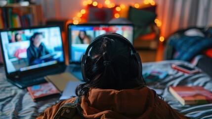 Engaged Teen Learning in Virtual School Session with Headphones, Laptop Screen Showing Classmates, Educational Materials on Bed