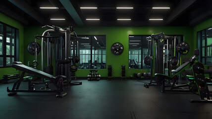 Modern gym green interior full of weights and bars, gym with green neon lights