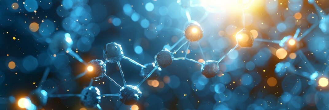 Close-up of molecular structure with glowing orange nodes on blue background, symbolizing technology.