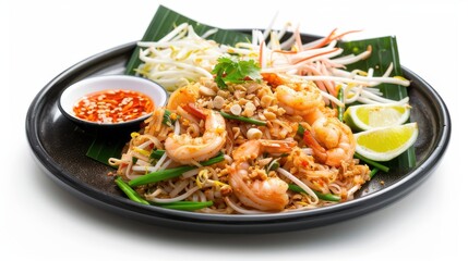 Pad Thai. Shrimp pad thai on a plate, white background.