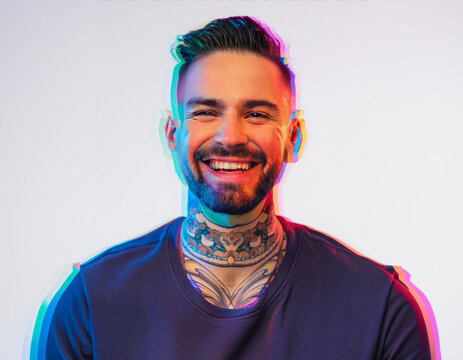 Vibrant Glitch Art of Tattooed Man Giggling in Studio with High-Contrast Effects