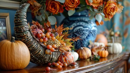 thanksgiving table decor, rustic cornucopia centerpiece on the sideboard, a cozy thanksgiving home decoration enhancing the traditional feast ambiance