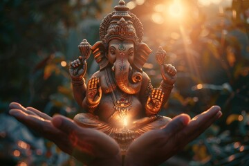 Obraz premium Golden statue of Ganesha held in hands with a warm, glowing background.