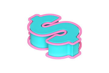 3D Dollar icon in aqua green and pink. Three dimensional isometric font. High quality 3D rendering.