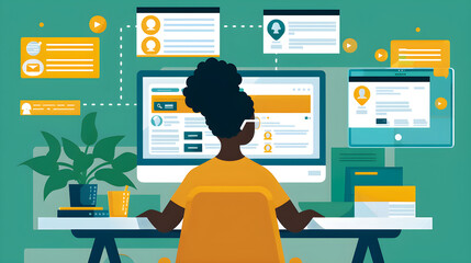 A person is talking with a customer via live chat on a computer. The screen will display a conversation window.