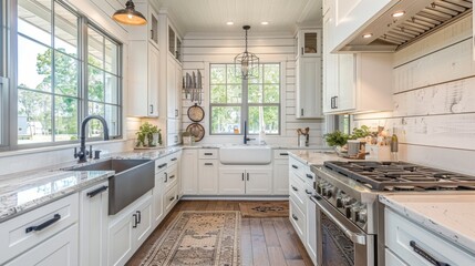 Fototapeta premium Cozy Farmhouse Kitchen with Shiplap Wall and Apron Sink for Home Decor Inspiration