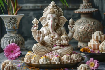 Fototapeta premium Traditional Ganesha statue with yellow flowers and festive sweets arranged in a ceremonial setting.