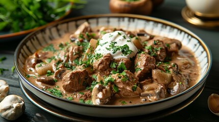 culinary delight, a traditional russian beef stroganoff adorned with sour cream and mushrooms, elegantly presented on a vintage plate, is a delightful choice