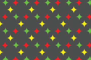 Repeating pattern of yellow, green, red fourpointed stars on gray background. Suitable for backgrounds, textiles, stationery, and packaging designs.