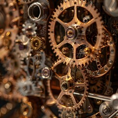 Obraz premium A close-up of a network of interlocking gears, showcasing the complexity and precision of mechanical design