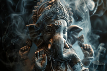 Hindu god Ganesha surrounded by smoke