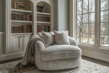 Modern living room with a cozy armchair, floor-to-ceiling windows, and lush greenery outside, creating a bright and inviting space.