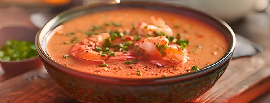 Creamy lobster bisque garnished with chives, 4K hyperrealistic video