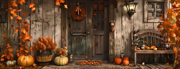 Decorating the porch with pumpkins and gourds, October 15th, rustic charm and seasonal decor, 4K hyperrealistic video.