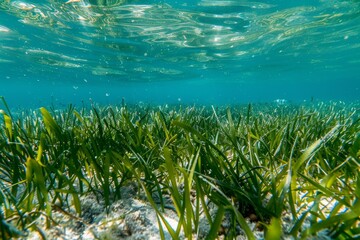 Underwater Seagrass Meadow with Sunbeams Shining Through the Surface