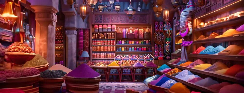 Exotic bazaar filled with colorful spices and textiles, 4K hyperrealistic video